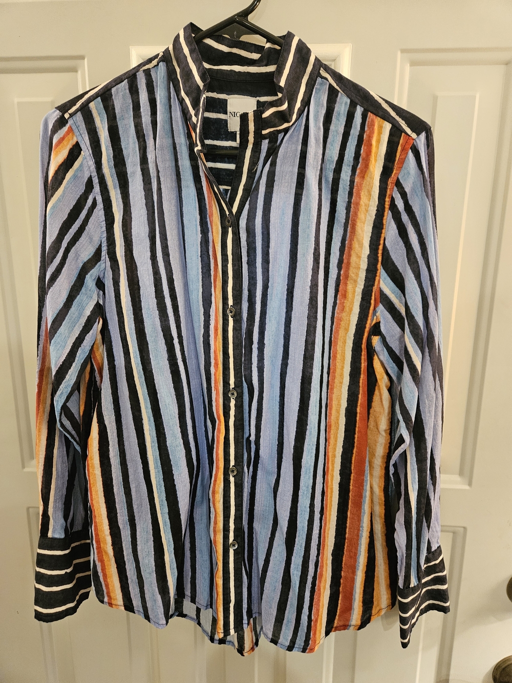 NIC+ZOE Vertical Stripe Button-Down Shirt in Light Blue, Black, Orange and Cream
